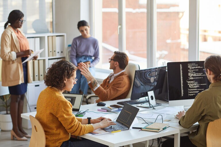 Diverse IT development team collaborating on software projects with programmers coding and discussing ideas in a modern office setting