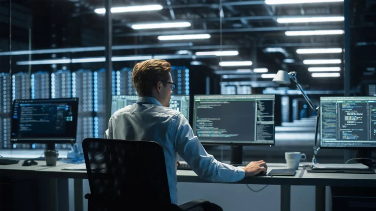 Professional working on Azure security best practices at a desk with multiple monitors displaying code and data in a modern office setting