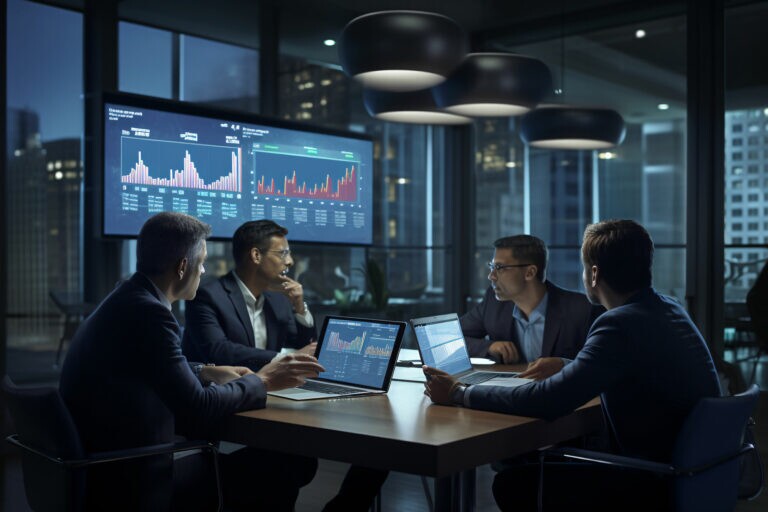 Diverse professionals collaborate in a conference room analyzing digital transformation data on laptops and screens