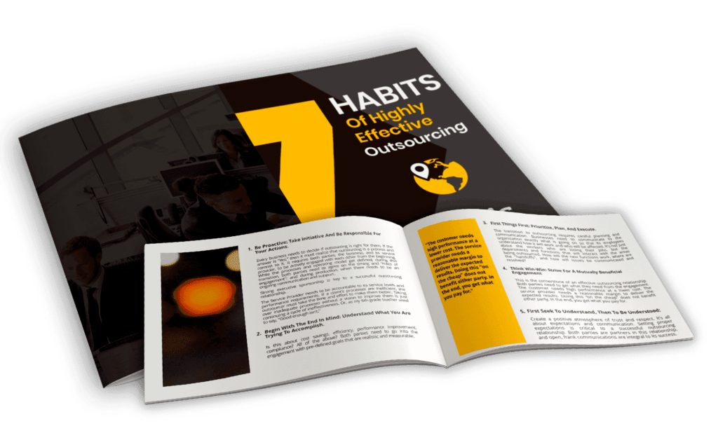Mockup of a guide titled 7 Habits of Highly Effective Outsourcing featuring key outsourcing principles and strategies