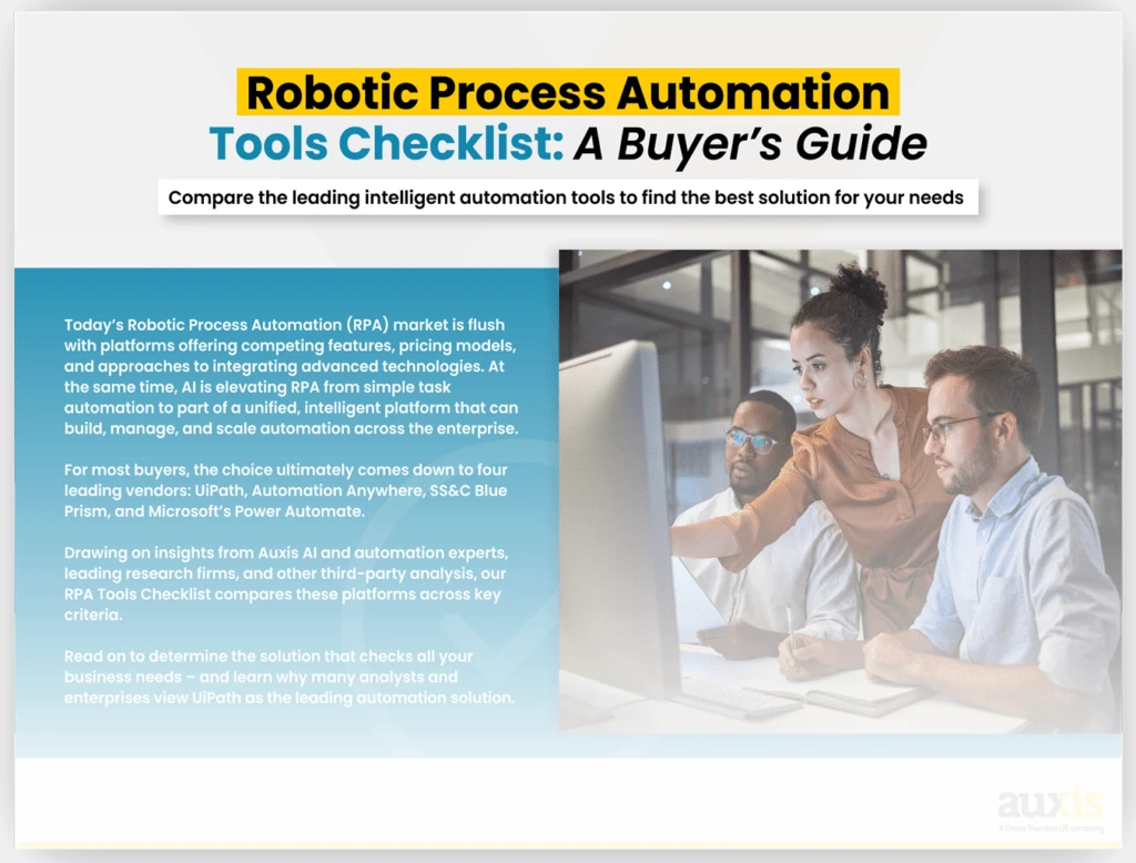 Team collaborating on Robotic Process Automation tools checklist evaluating automation solutions for business needs
