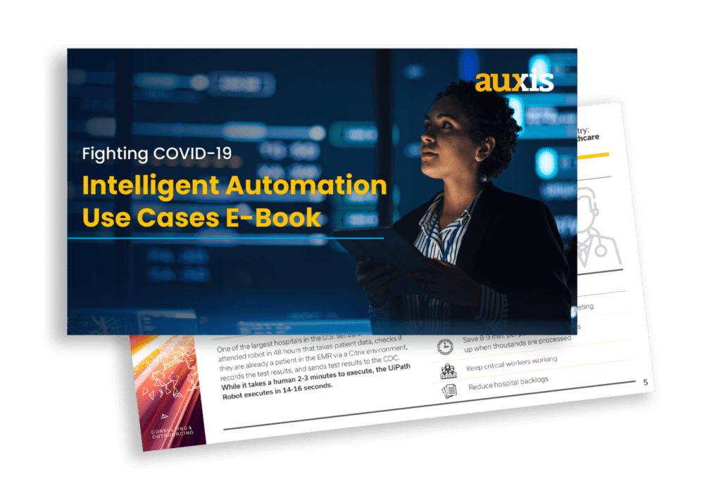 E Book cover showcasing Intelligent Automation Use Cases with a professional examining data highlighting automations role in healthcare during COVID 19