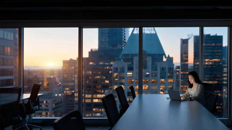 Woman working on a laptop in a modern office with city skyline and sunset view highlighting benefits of automated UiPath task capture