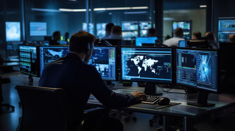 Technician monitoring network data in a high tech Network Operations Center NOC with multiple screens displaying analytics and maps