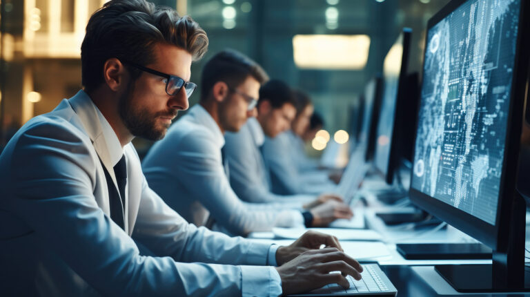 IT professionals working diligently in a server room monitoring data collection and server operations for effective IT outsourcing