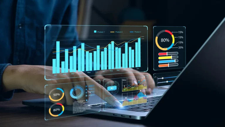Hand interacting with a laptop displaying various data visualizations and metrics related to BPO performance analysis