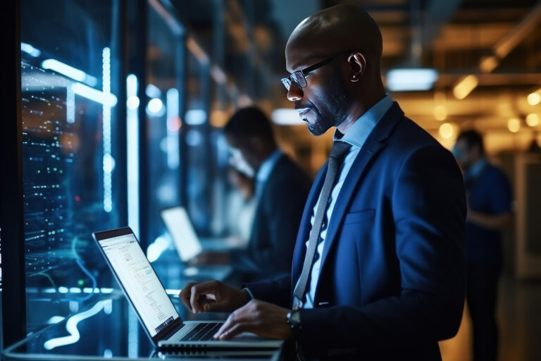 Serious man in a suit using a laptop in a server room focused on managing data and automation infrastructure
