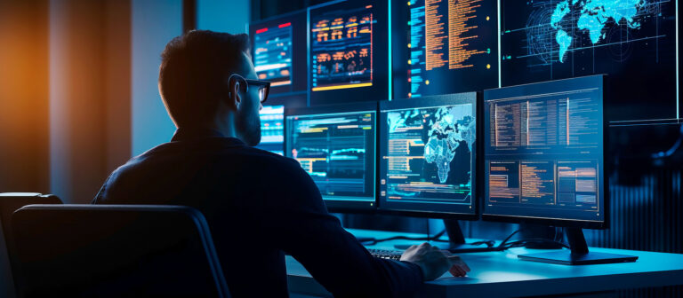 IT engineer monitors multiple displays in a dark room analyzing data analytics for hyperautomation solutions