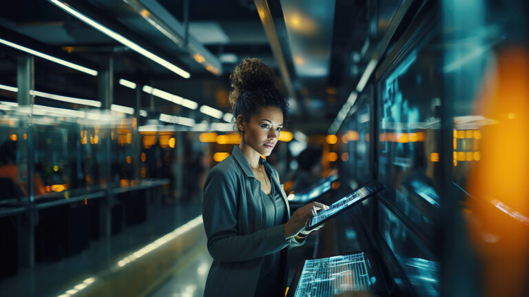 Black female Chief Technology Officer using a tablet in a modern data center exploring AWS Managed Services