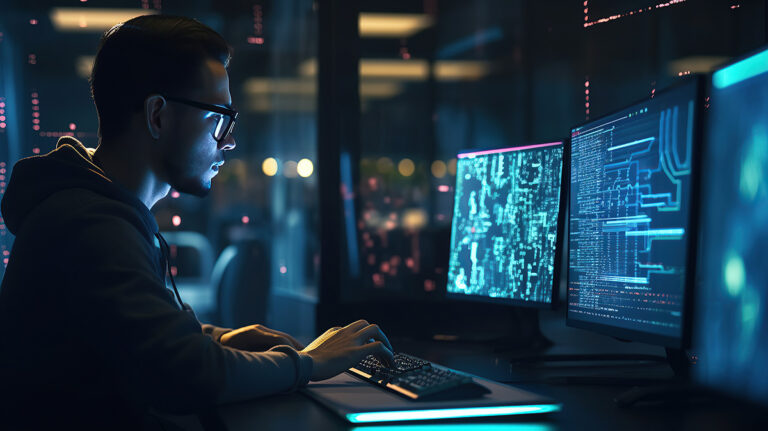 Software engineer coding on modern computers illustrating data science and cloud computing concepts in a high tech environment