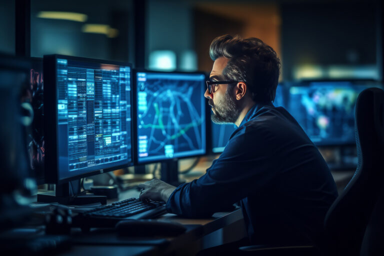 IT engineer analyzing data on multiple screens in a monitoring room showcasing DevOps practices for effective data management