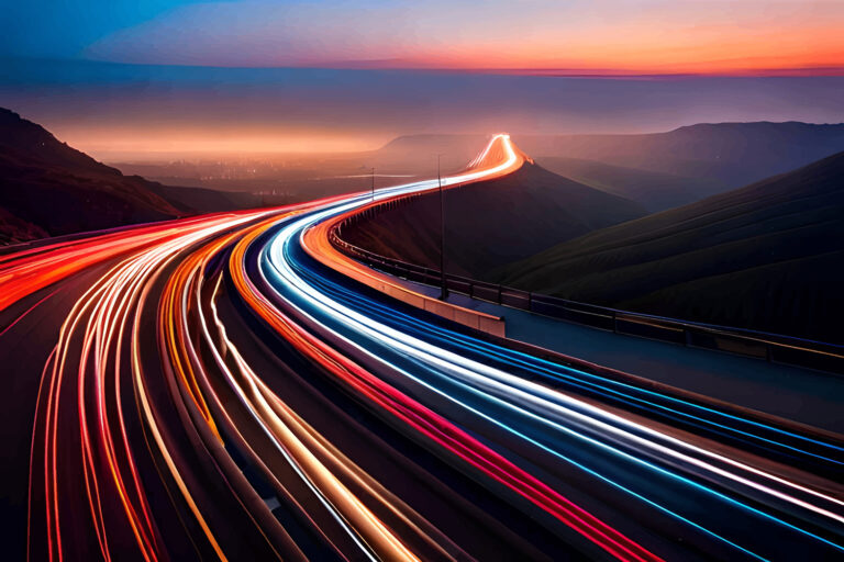 Vector illustration of a neon road winding through a cityscape symbolizing the journey of UiPath hyperautomation