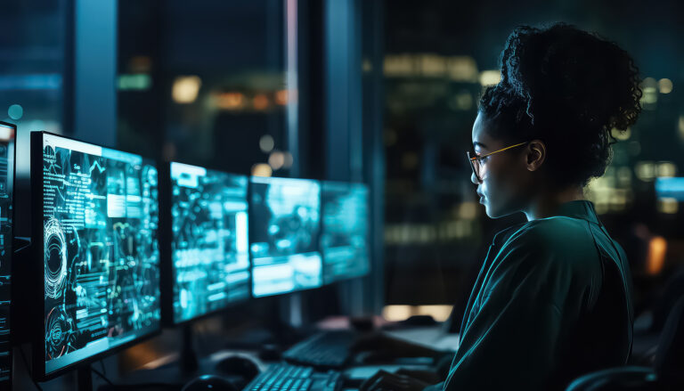 A woman works intently in a high tech control room at night surrounded by glowing screens displaying data and analytics