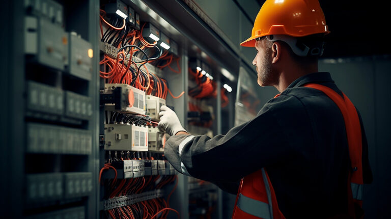 Electrical engineer examining electrical systems with wires and circuit breakers emphasizing best practices for hyperautomation