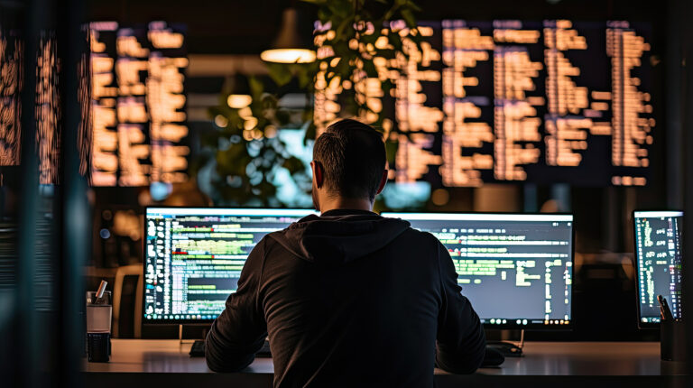 Developer working on dual monitors displaying lines of code highlighting the benefits of automation testing with UiPath Test Suite
