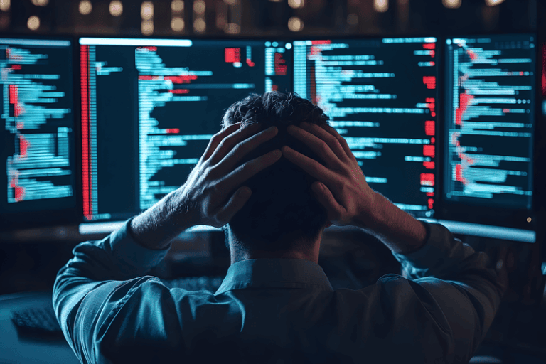 Stressed IT professional holding head while monitoring multiple screens with automation code errors during RPA maintenance failure
