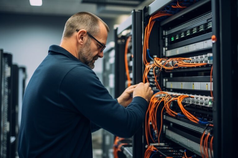 IT specialist managing server connections in a data center demonstrating best practices for successful server migration