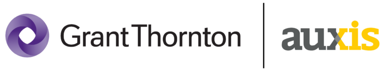 Logos of Grant Thornton and Auxis, representing collaboration in professional services and business solutions.