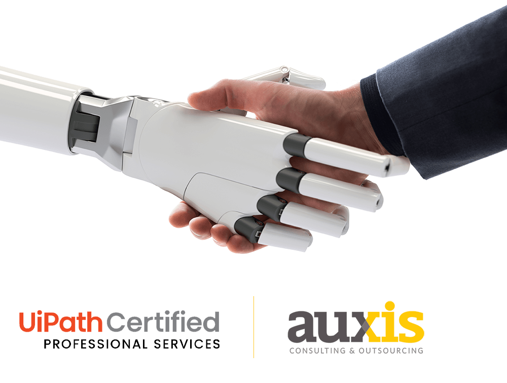 Robot and human handshake representing Auxis UiPath Certified partnership in automation services