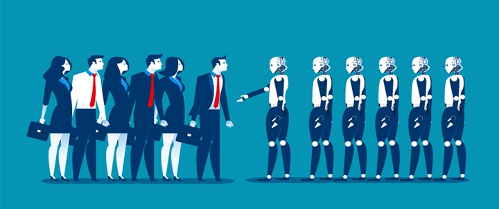 Corporate team interacting with robotic automation units