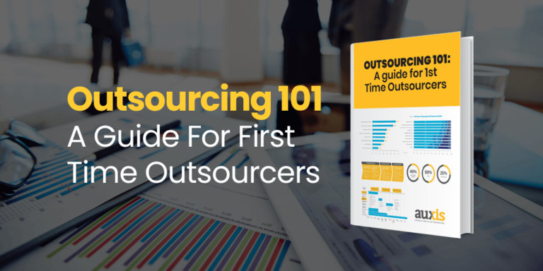 Outsourcing 101 guide cover featuring graphs and charts designed for first time outsourcers highlighting key trends and strategies