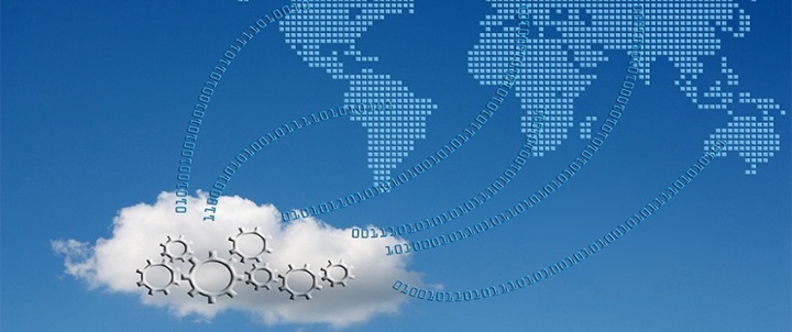 Cloud network connections visualized with a global map and digital data flow