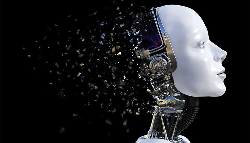 Futuristic robot head disintegrating symbolizing advancements in RPA and automation from UiPath Forward III 2019 event