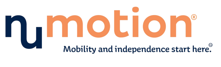 NuMotion logo featuring the tagline "Mobility and independence start here," emphasizing accessibility solutions.