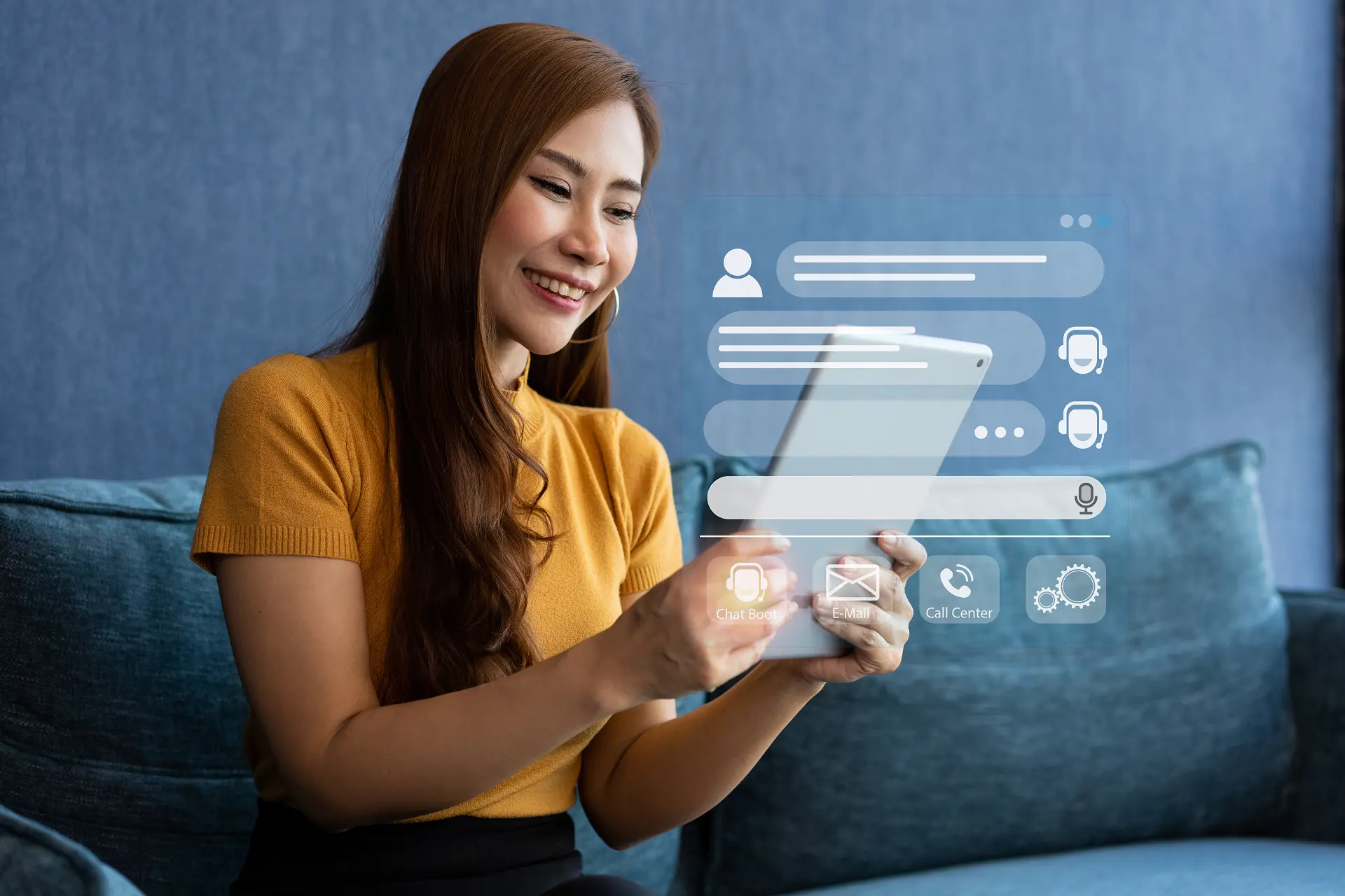 Woman interacting with digital HR support tools on a tablet including chat email and call center options