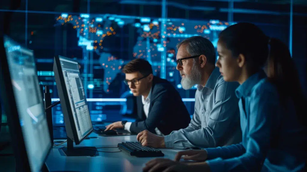 Cybersecurity team monitoring network activity in a high tech operations center with multiple screens and a digital map