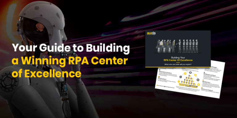 Preview of the guide of Center of Excellence with a robot in the background representing the rpa center of excellence roles and responsibilities