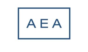 Logo of AEA in blue text on a white background, representing the organization’s branding and identity.