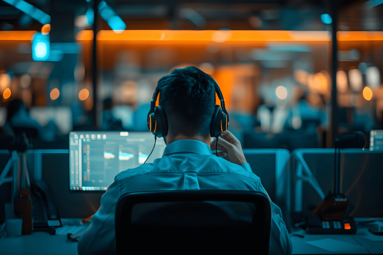 IT support agent with headphones working at computer in modern office environment focused on help desk outsourcing operations