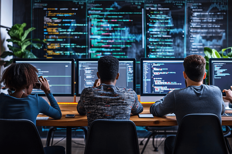Three individuals are seated at a desk in front of multiple monitors deeply engrossed in coding They are working collaboratively in a modern tech savvy office environment with large screens displaying complex programming code The background features some green plants adding a touch of nature to the high tech setting