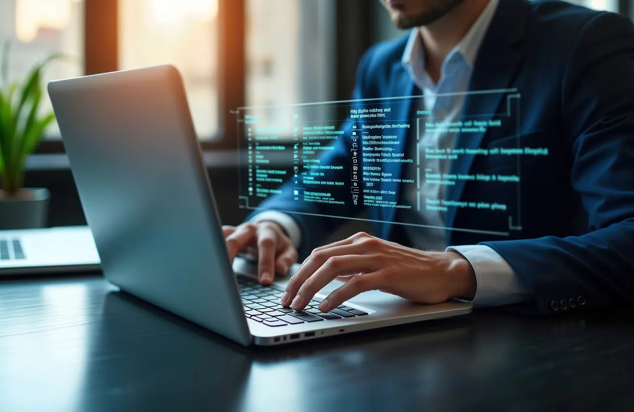 Professional using idp software for document automation on laptop