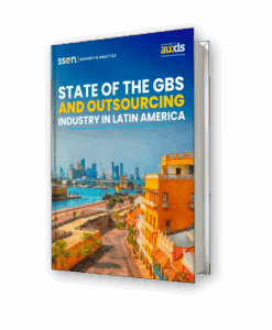 Colorful cityscape featuring buildings and waterfront representing the GBS and outsourcing industry in Latin America