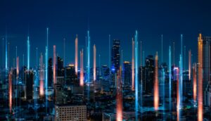 Vibrant city skyline at night with illuminated skyscrapers and abstract light trails representing digital connectivity