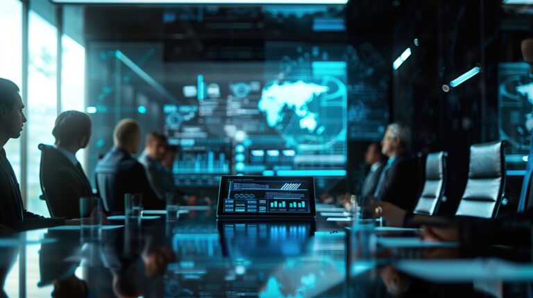 Business professionals in a conference room analyzing digital data displayed on a screen with a focus on IT infrastructure security