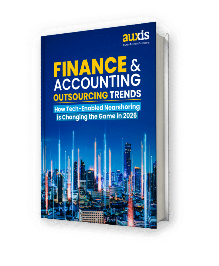 Finance and accounting outsourcing trends highlighted in a tech savvy 2026 report with a vibrant city skyline backdrop