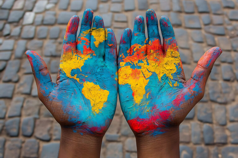 Two open hands painted with a colorful world map symbolizing global unity diversity and international cooperation The background consists of cobblestone pavement enhancing the visual focus on the hands and map