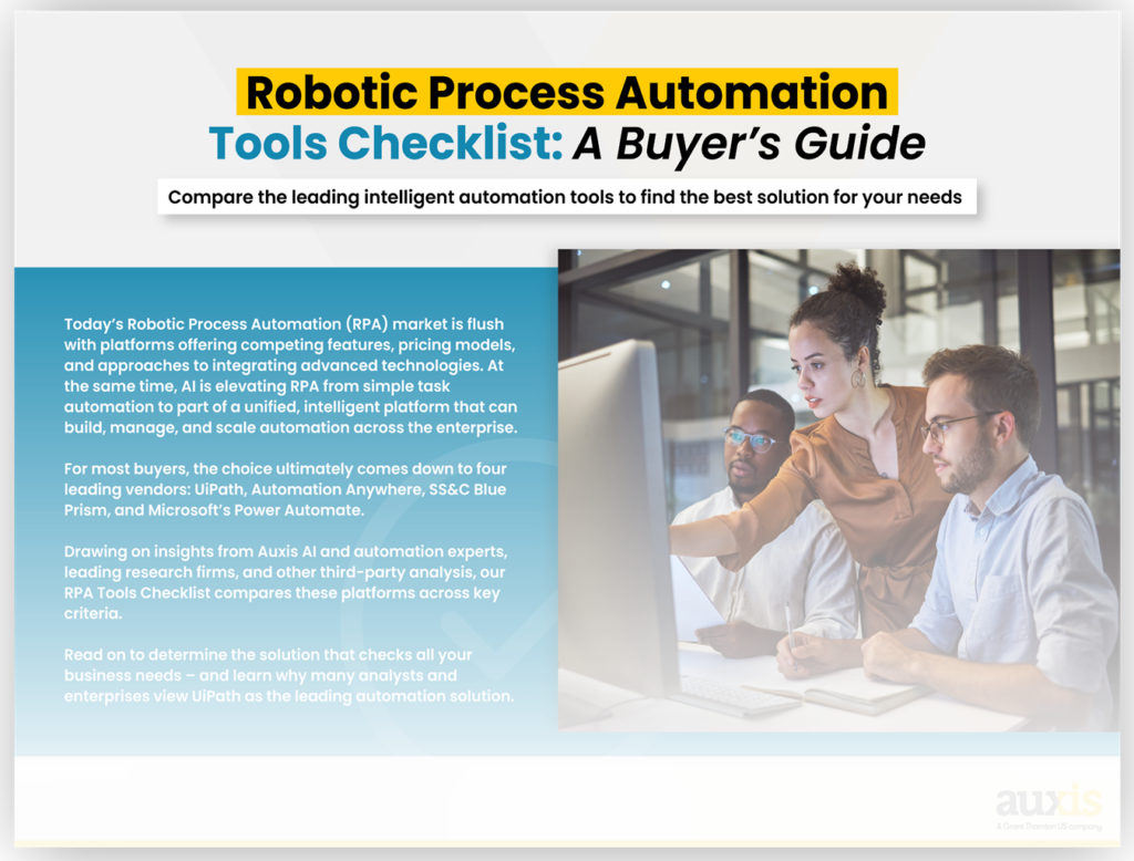 Team collaborating on Robotic Process Automation tools checklist evaluating automation solutions for business needs