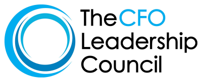 Logo of The CFO Leadership Council featuring a circular blue gradient emblem to the left of the organization name in black and blue text