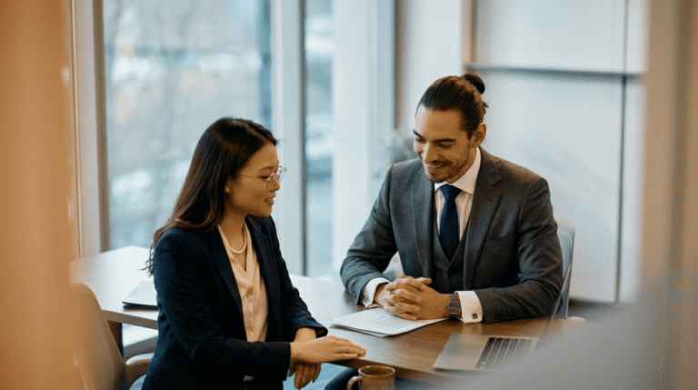 A professional discussion takes place between two colleagues in a modern office setting emphasizing teamwork and collaboration