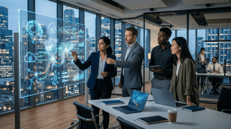 A diverse team collaborates on a digital presentation showcasing data analytics in a modern office setting