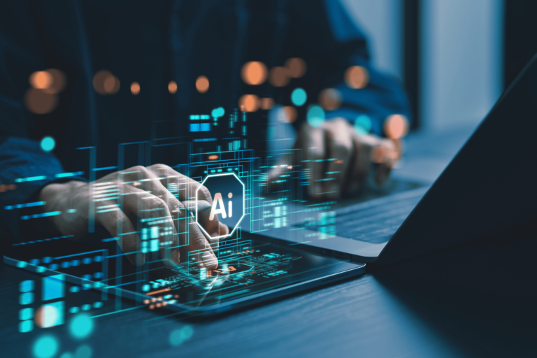 lose up of a person using a tablet and laptop with a holographic interface displaying AI and digital data elements The futuristic concept highlights artificial intelligence and advanced technology in a modern workspace