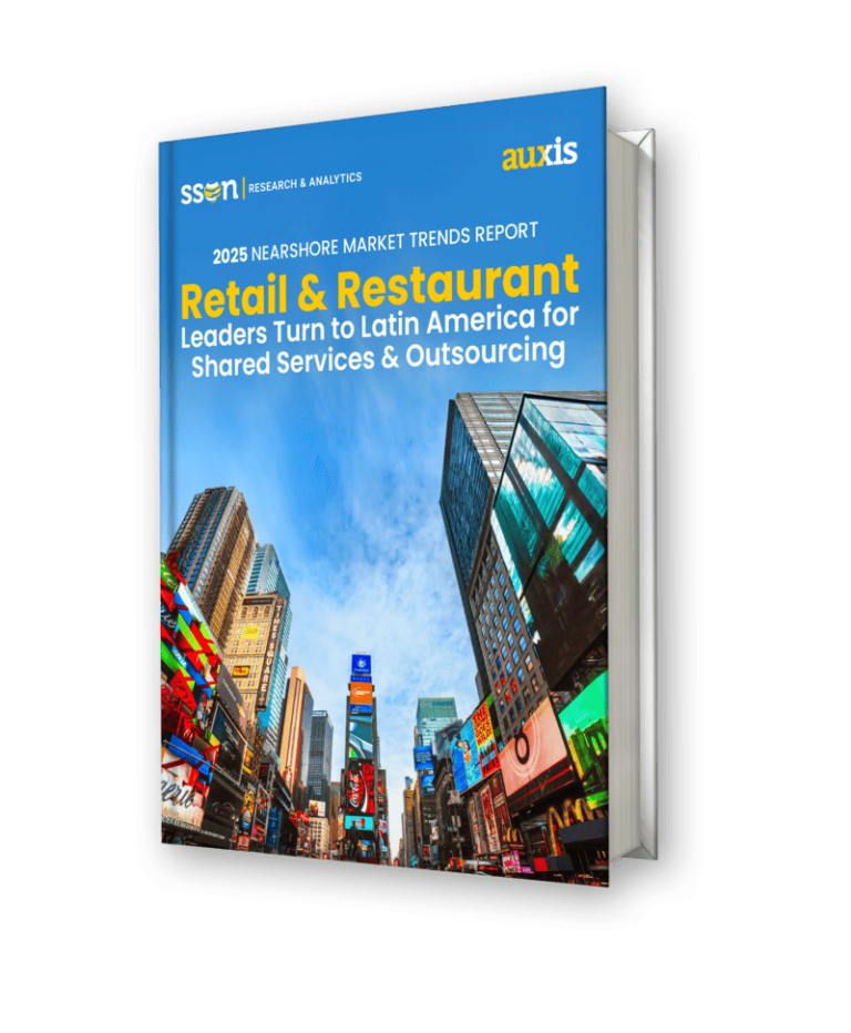3D rendered cover of the 2025 Nearshore Market Trends Report Retail  Restaurant co branded by SSON and Auxis The title reads Leaders Turn to Latin America for Shared Services  Outsourcing The cover features a vibrant cityscape of Times Square New York