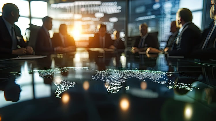 Global business meeting with executives discussing strategy illuminated by a digital world map on the table
