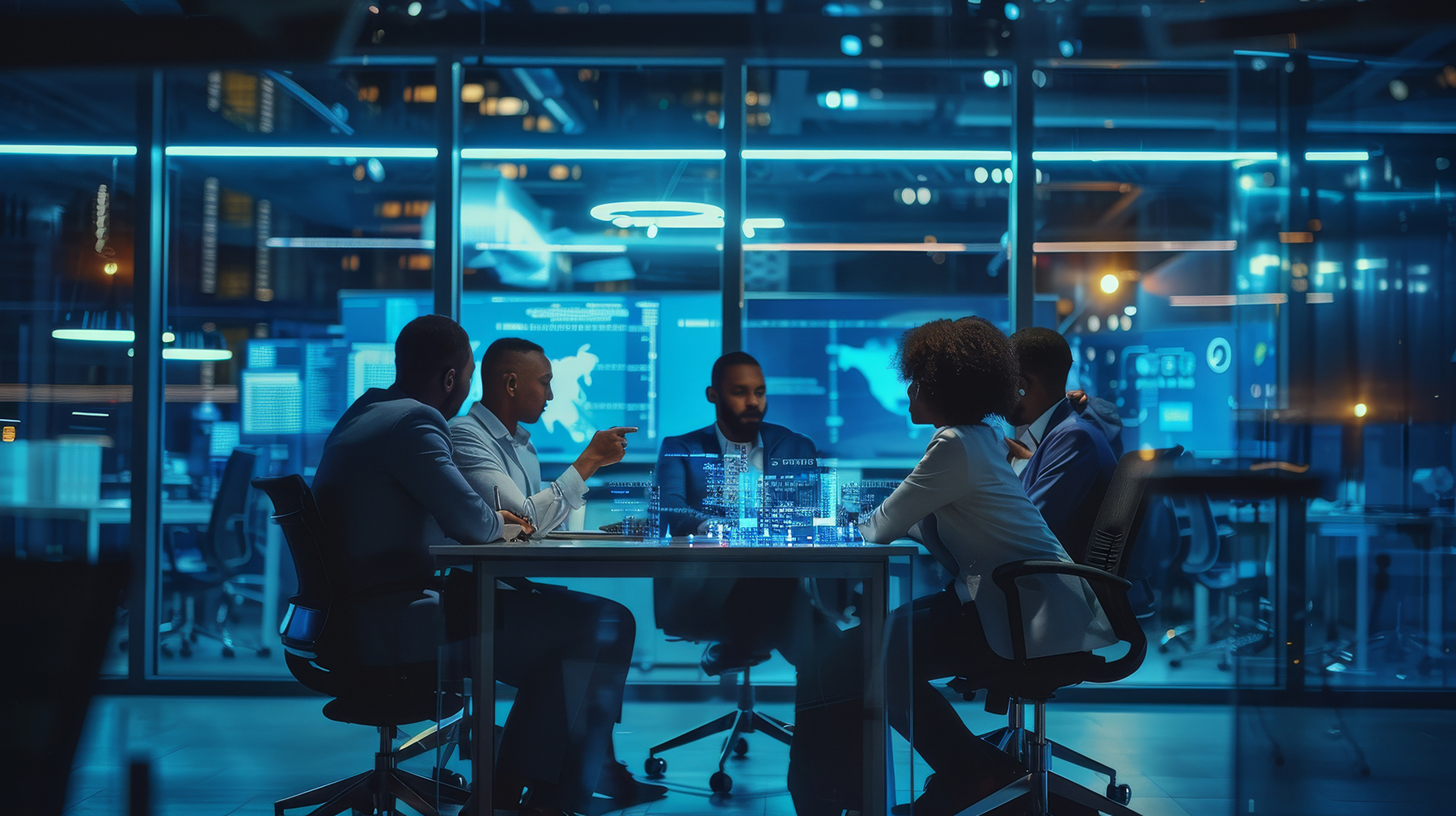 Diverse team of professionals engaged in a high level discussion around a glass table in a modern tech enabled office Surrounded by transparent walls and digital displays with data and analytics the scene conveys innovation cybersecurity strategy or business intelligence planning