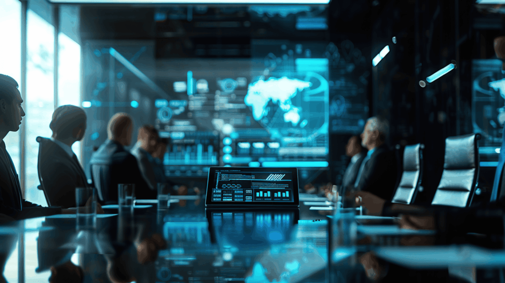Business executives in a high tech boardroom analyzing third party cyber risk data