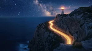 A lighthouse on a rocky cliff overlooking the ocean with a winding road of light leading towards it under a starry sky and the Milky Way